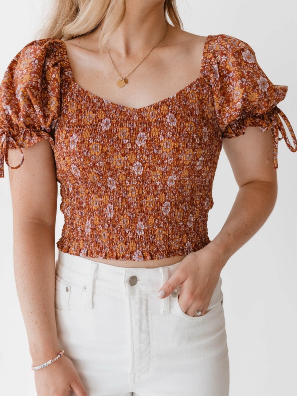 Lush Rust Floral Smocked Puff-Sleeve Crop Top